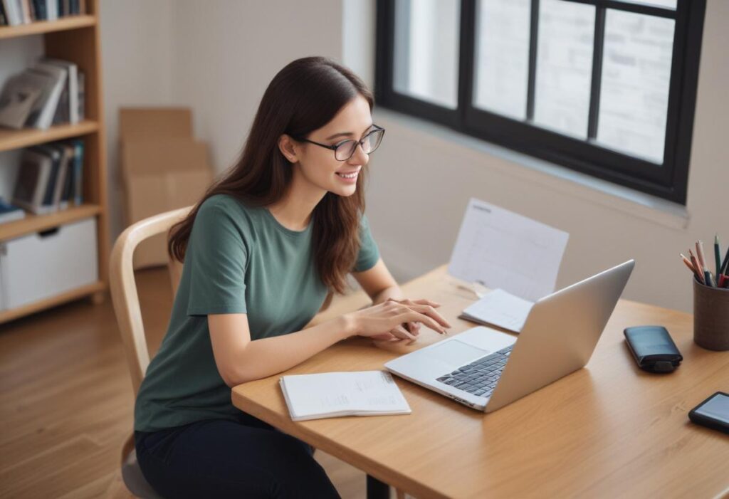 sitting in front of laptop attending an online lecture