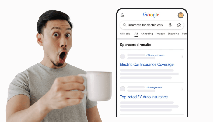 A surprised man holding a mug looks at a smartphone displaying a Google search for "Strongest Match," featuring sponsored results.